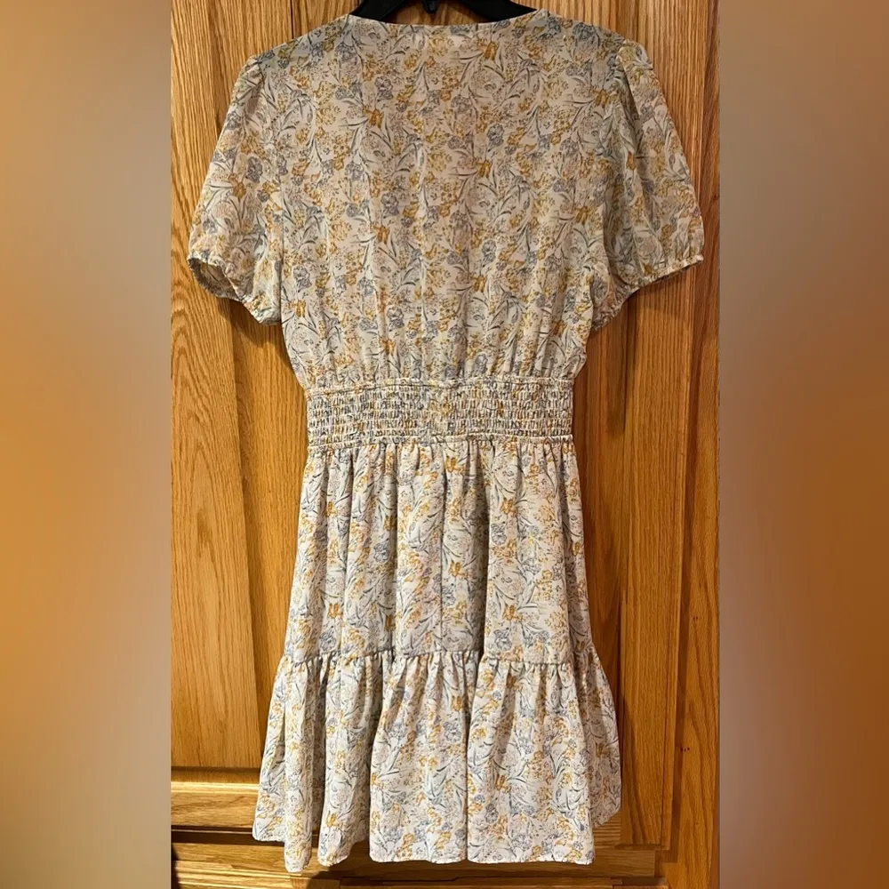 Blush BJ Blue & Yellow Gold Tie Front Smocked Waist Floral Mini Dress Size Small - Image 9