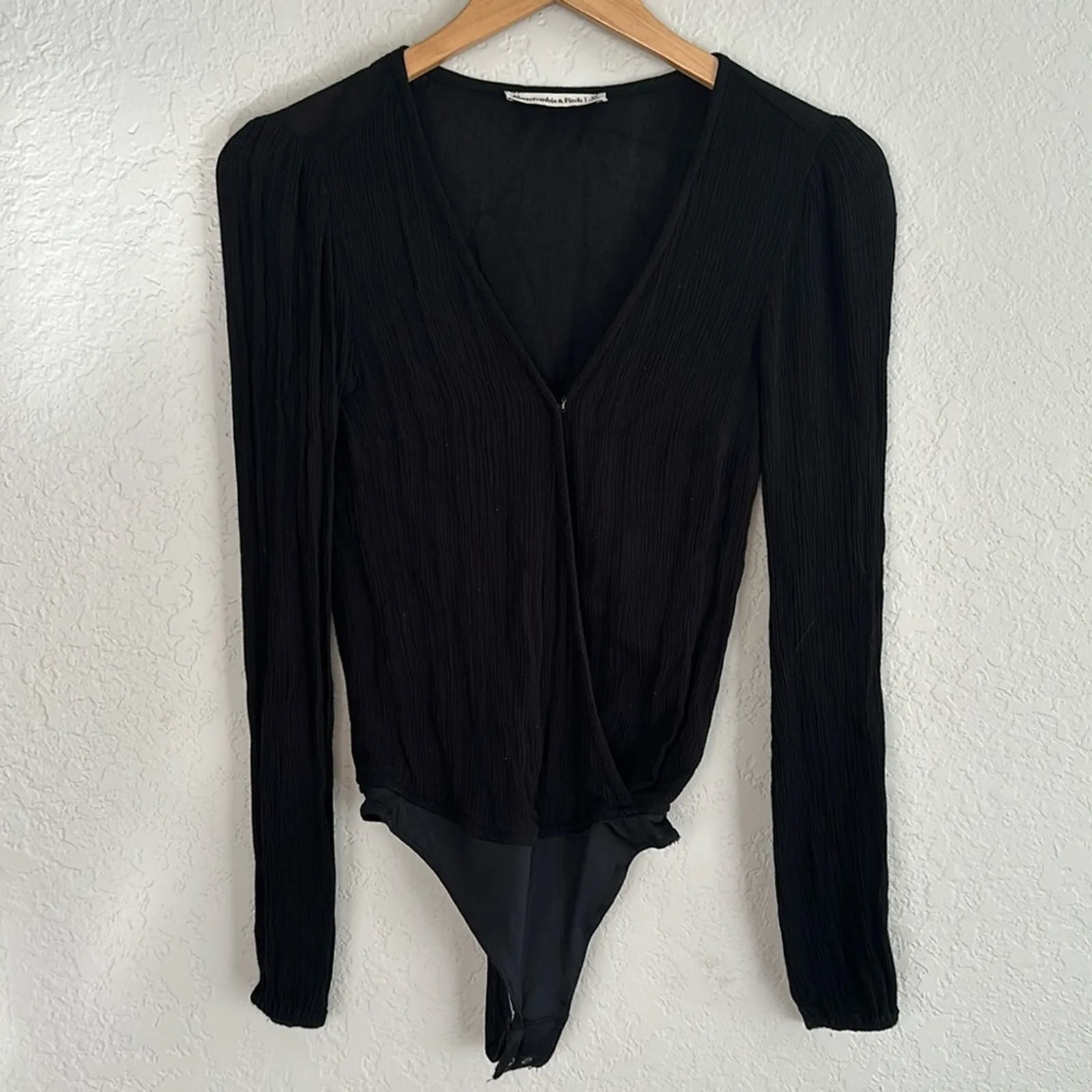 Abercrombie & Fitch Black Gauzy Crinkly Bodysuit Thong Long Sleeve Date Night XS - Image 2