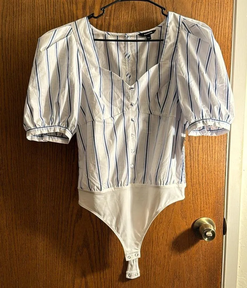 Express Blue/White Stripe Button Down Sweetheart Neck Puff Sleeve Bodysuit Large - Image 2