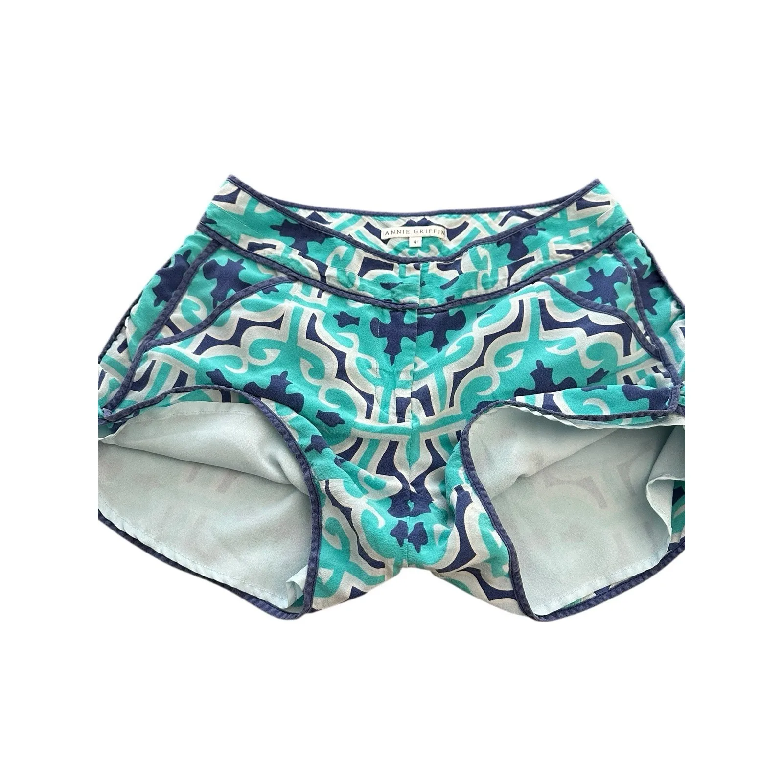 Annie Griffin Shorts Women's Sz 4 100%‎ Silk Blue White Geometric Print #BB12-4 - Image 4