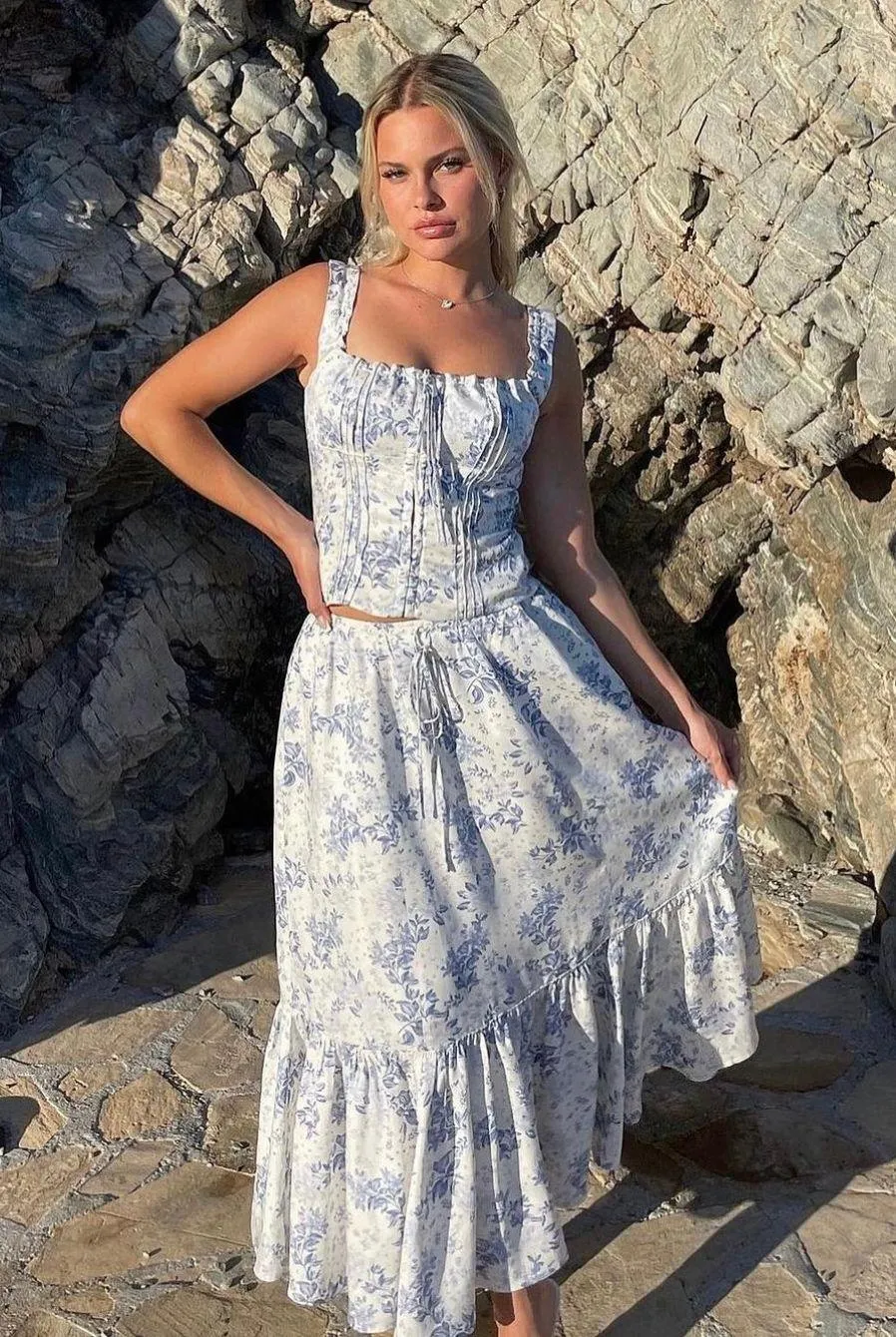 Blue White Floral Aitana Maxi Skirt XS - Image 2