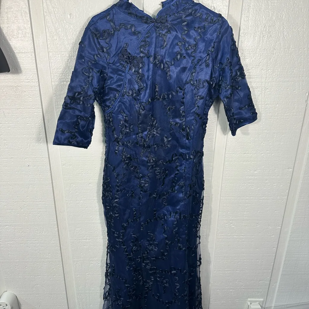 Nature Navy Asian Traditional Style Short Sleeve High Neck Dress Size… Size XL - Image 4