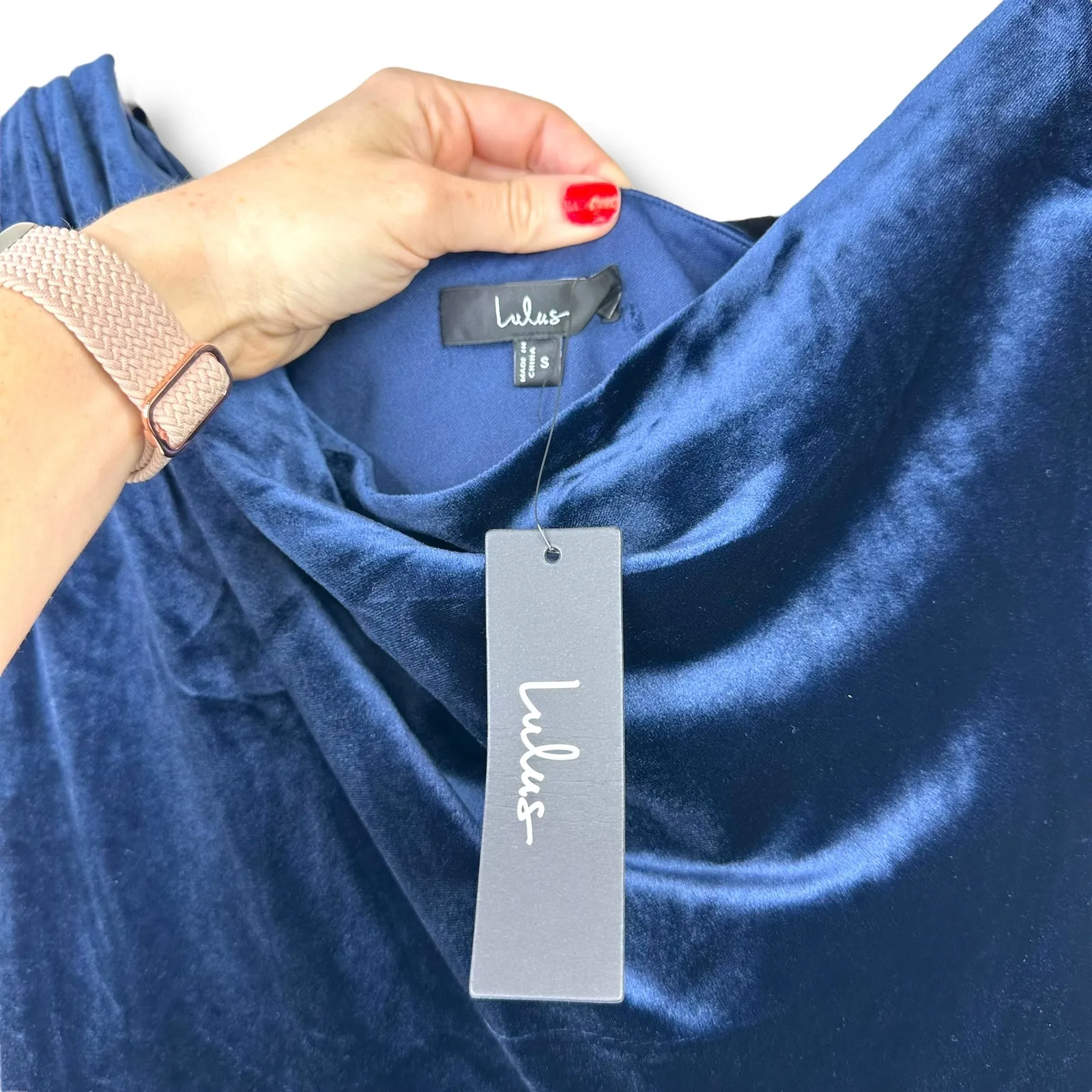 Lulus NWT Coveted Confidence Navy Blue Velvet Asymmetrical Maxi Dress Small - Image 9