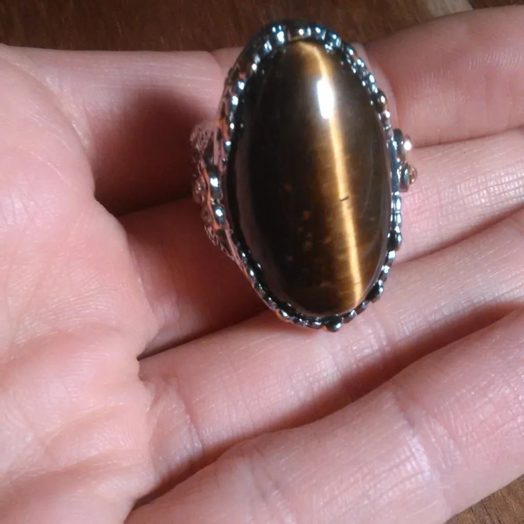 Tiger's Eye And Champagne Color Austrian Crystal Stainless Steel Ring (Size 7) - Image 12