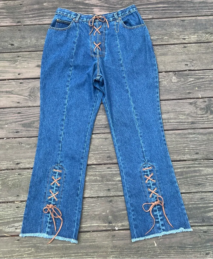 Women’s Traxx Vintage Cowboy Western Laced High Rise Blue Denim Jeans, Y2K|Sz:14 - Image 1