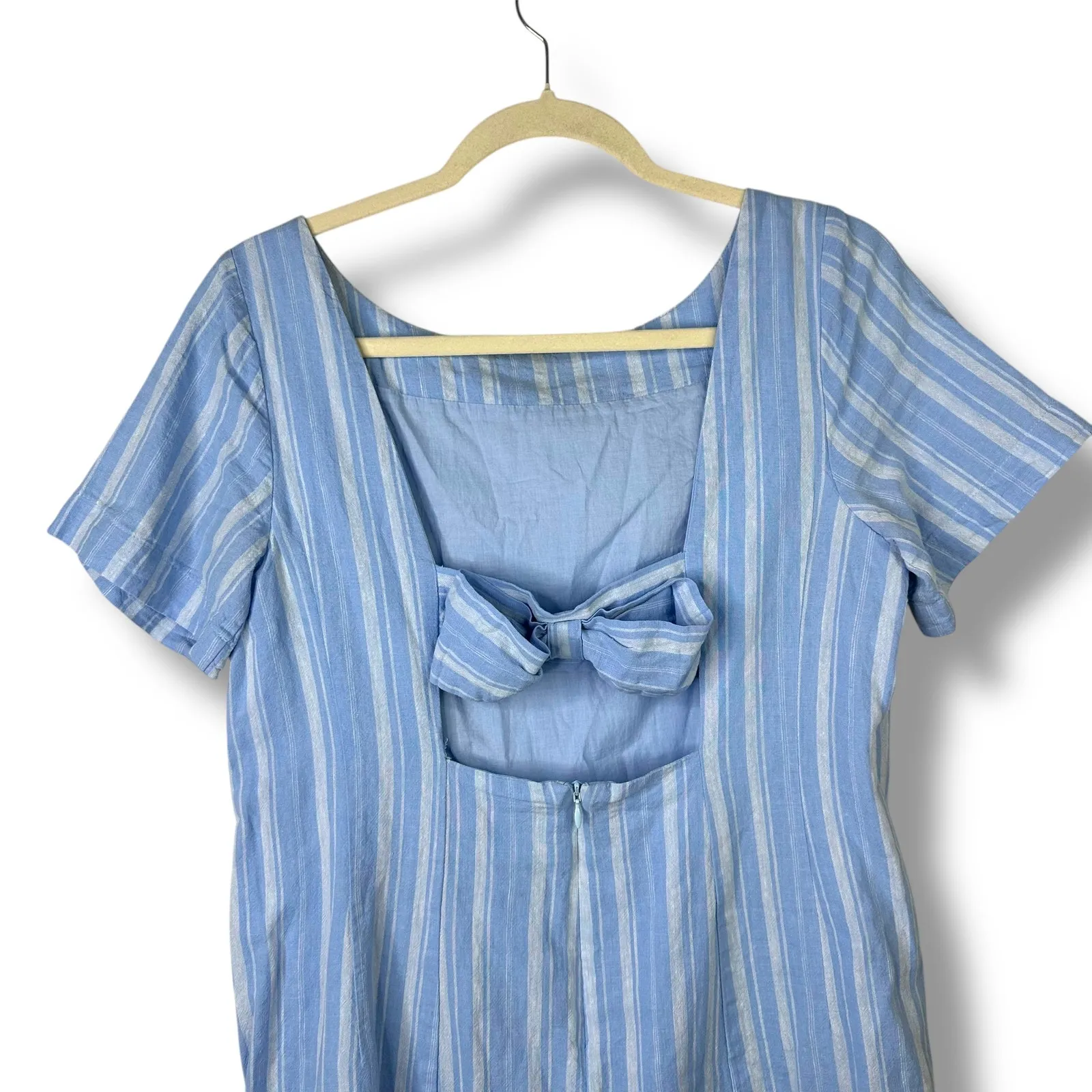 By Anthropologie Cape May Blue Stripe Boat Neck Bow-Tie Back Linen Mini Dress - Image 10