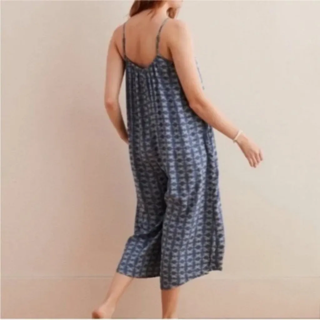 Aerie Blue White Charming Butterfly Print Wide Leg Casual Jumpsuit - Image 2