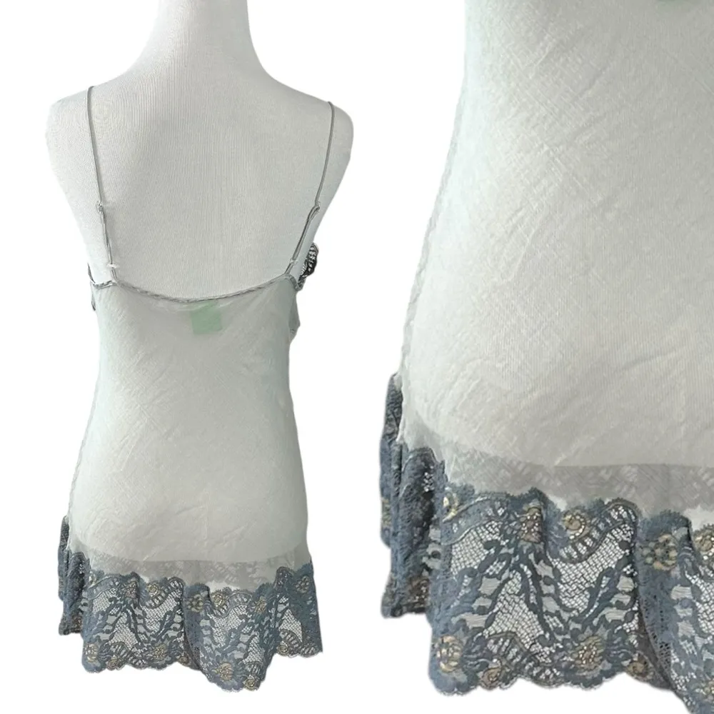 Vintage Mary Green Silk Sheer Mesh & Lace Fairy Slip Dress Nightie Small Grey Gray - Image 3