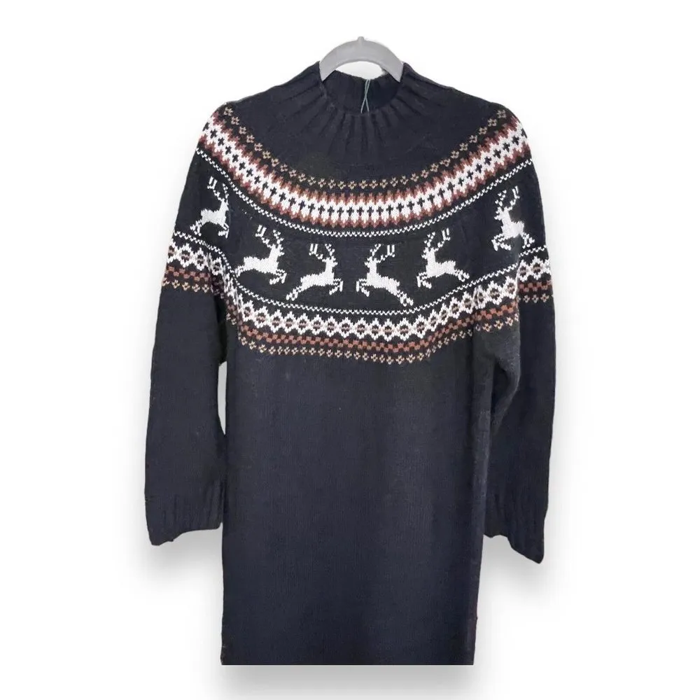 New Barbour‎ Kingsbury Knitted Sweater Dress Black Reindeer Size 10 Midi - Image 2