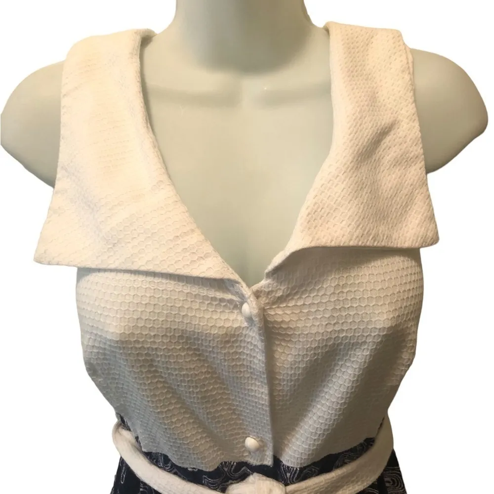 Handmade 70’s Nautical Maxi Dress Sz 10 Empire Waist Belted Wide Collar Pockets - Image 3