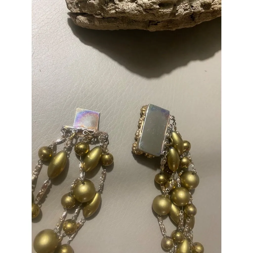 Vintage Classic Multi 4 Strand Gold Tone Beaded Necklace Box Ornate Clasp - Image 9
