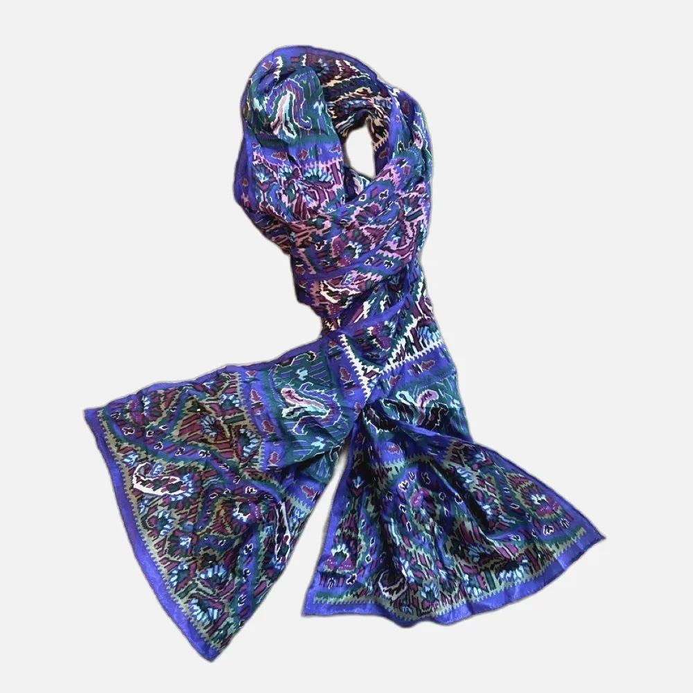 Vintage 70s 80s HONEY Silk Scarf Paisley Boho Aztec Ikat Southwestern Pattern Blue - Image 3