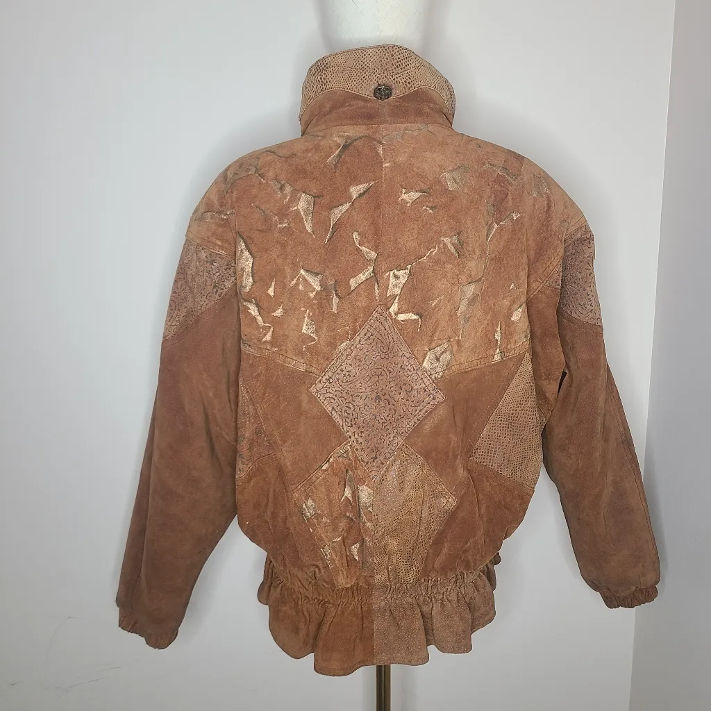 Vintage WINLIT 80s Leather Patchwork Print Bomber Jacket Coat Size‎ S Brown - Image 4