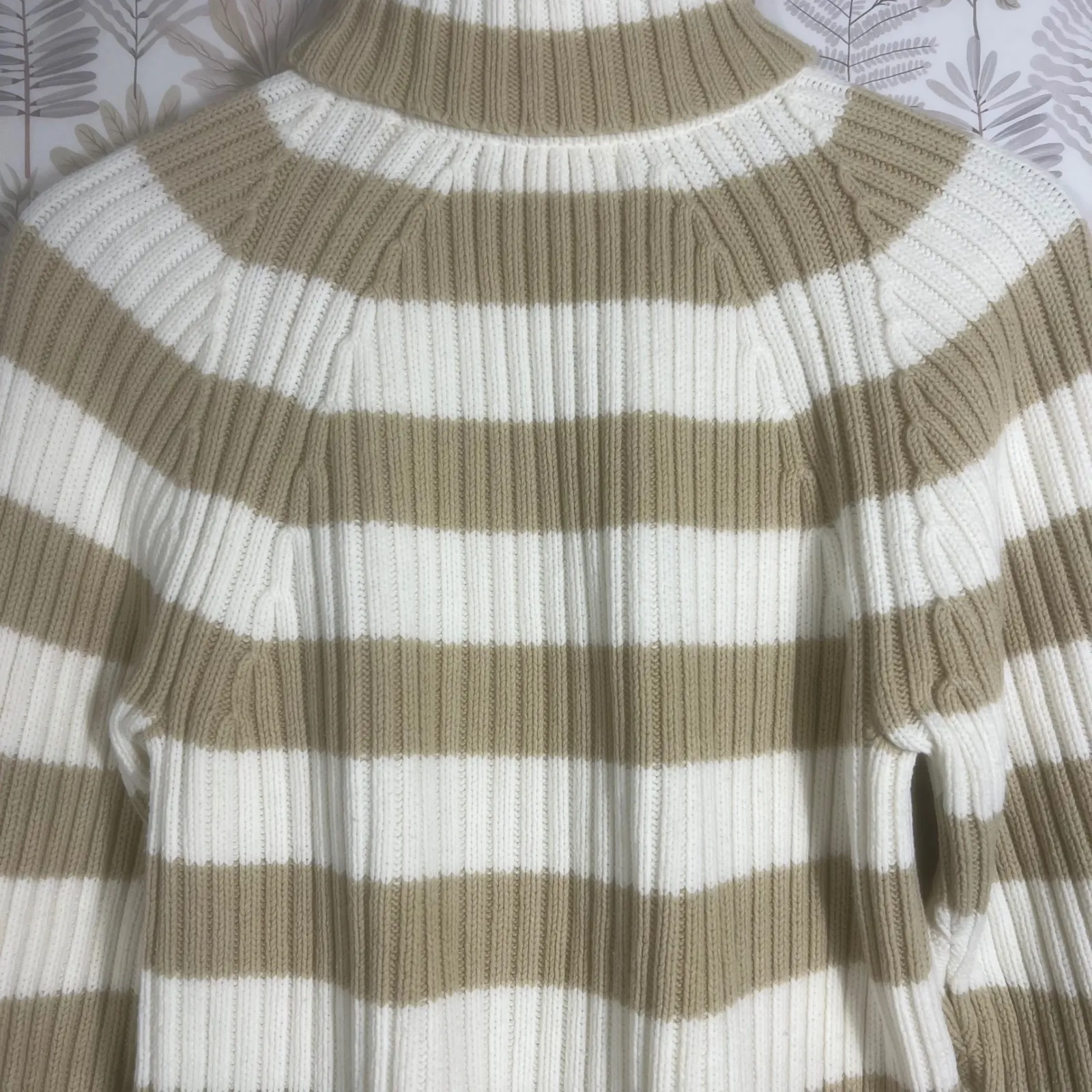 Vtg Eddie Bauer Ribbed Turtleneck Sweater Striped Cotton Blnd Beige White Tall M - Image 6