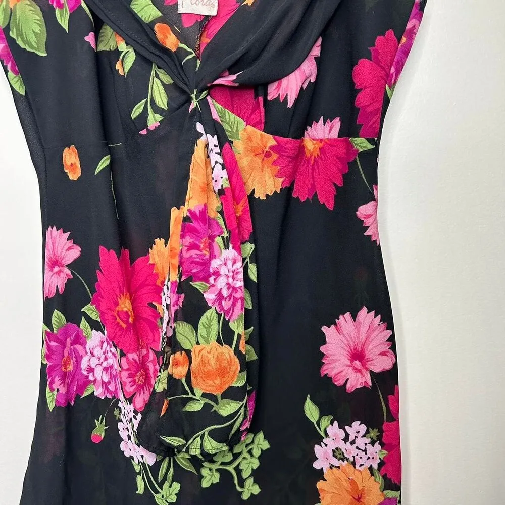 Vintage 90s 1990s y2k 2000s Black and pink floral mini slip dress small - Image 5