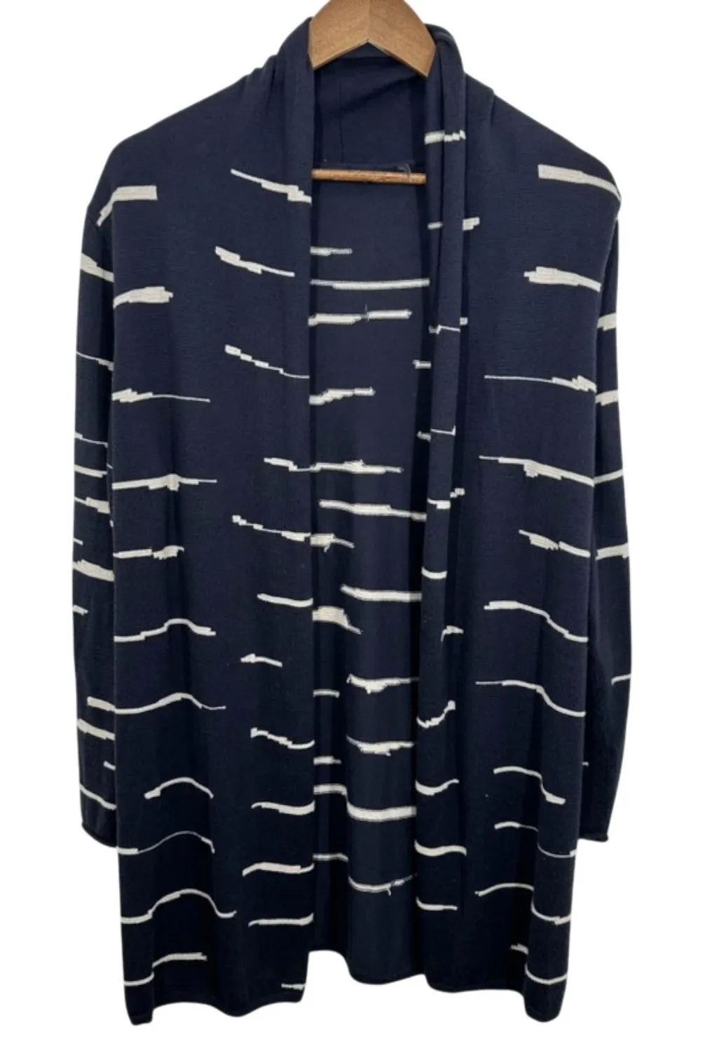 NIC+ZOE Size Large Navy Beige Abstract Stripe Open Front Long Line Knit Cardigan - Image 1