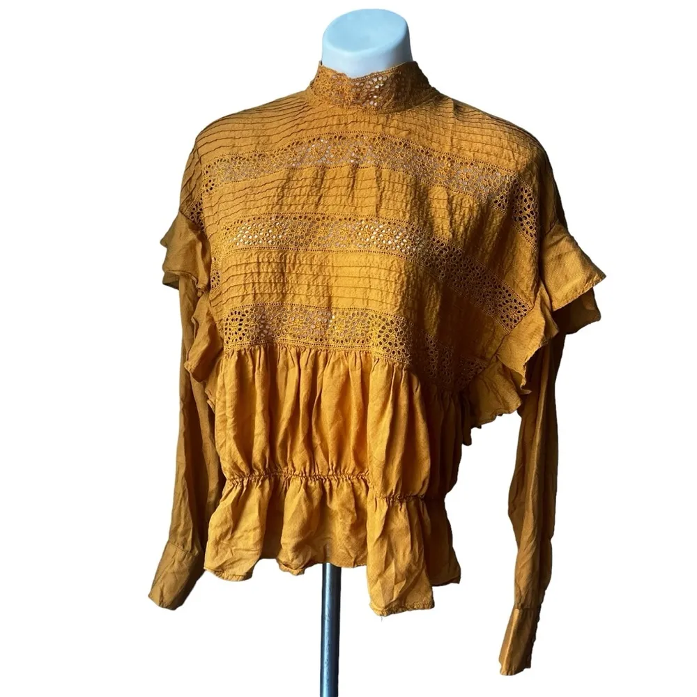 Free People Mustard Yellow High Neck Long Sleeve Eyelet Smocked Ruffle Top, Sz L - Image 3