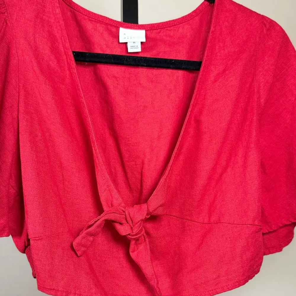 Summer Festival Red Wrap Chic Linen Edgy Stretch Cropped Boho Feminine Party Top - Image 3