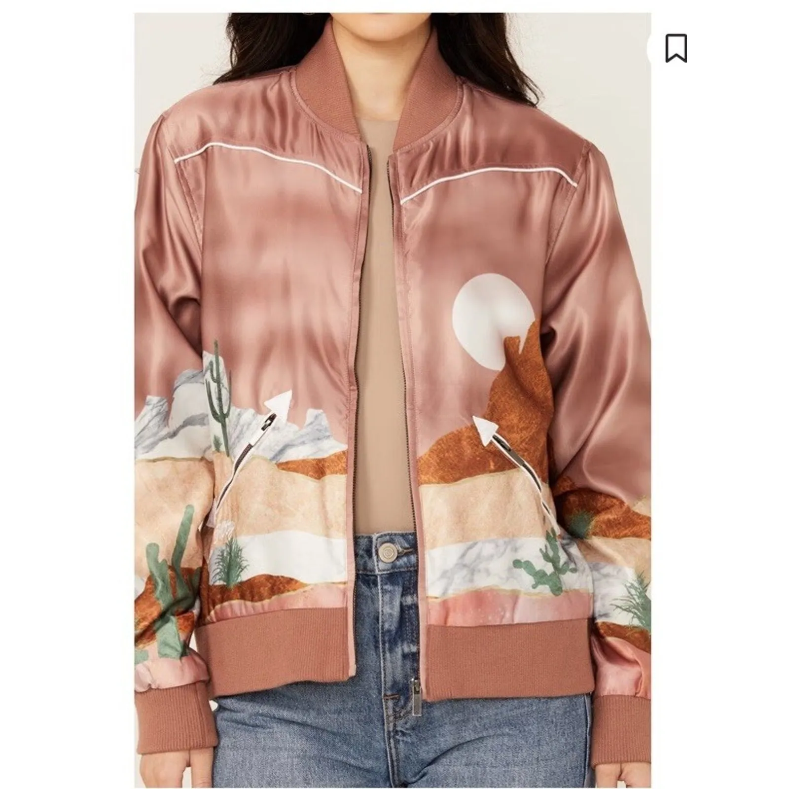 Hooey Satin Bomber Jacket XL Women’s Pink Desert Western Landscape Print Zip Up Brown - Image 5