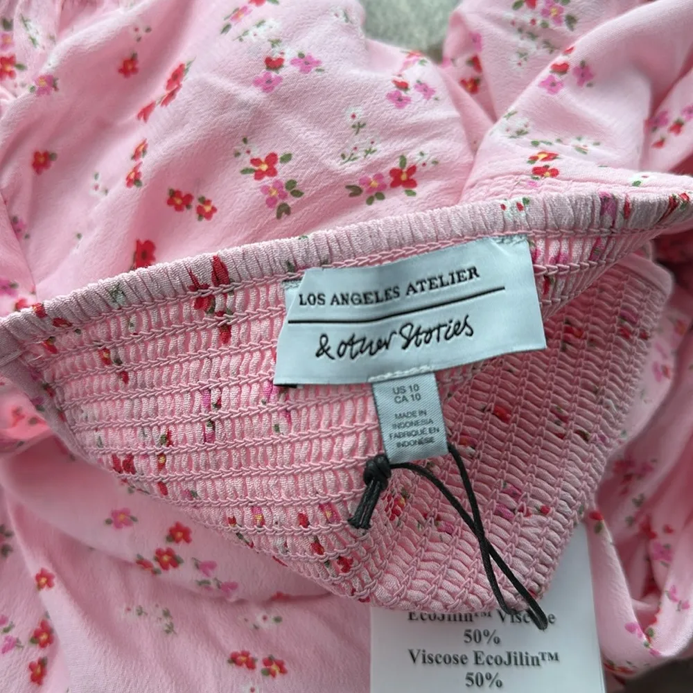 NWT & Other Stories Puff Sleeve Midi Dress with Slit in Pink Floral size 10 - Image 3