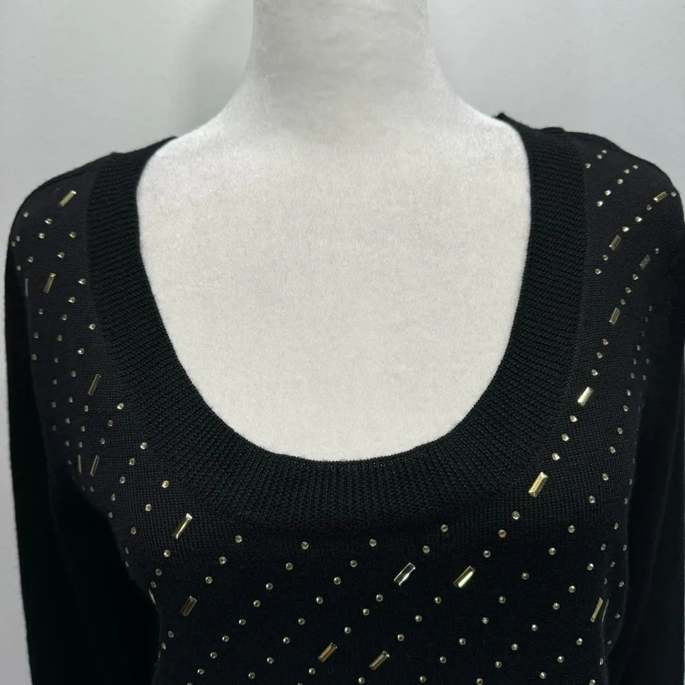 Calvin Klein Black Wool Blend Long Sleeve Sweater with Gold Beading Medium - Image 3