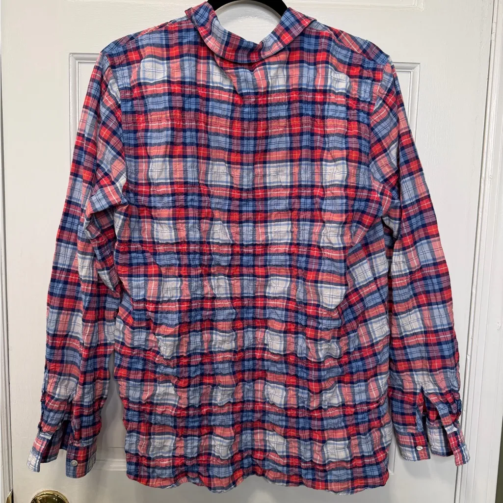 J. McLaughlin Plaid Button Front Shirt Red Blue Cotton Size Large - Image 5