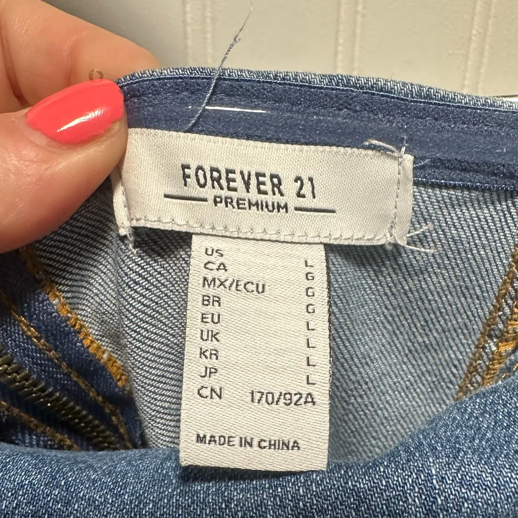 Forever 21 Blue Denim strapless mini dress w Brown Embroidery Sz L nwt - Image 5