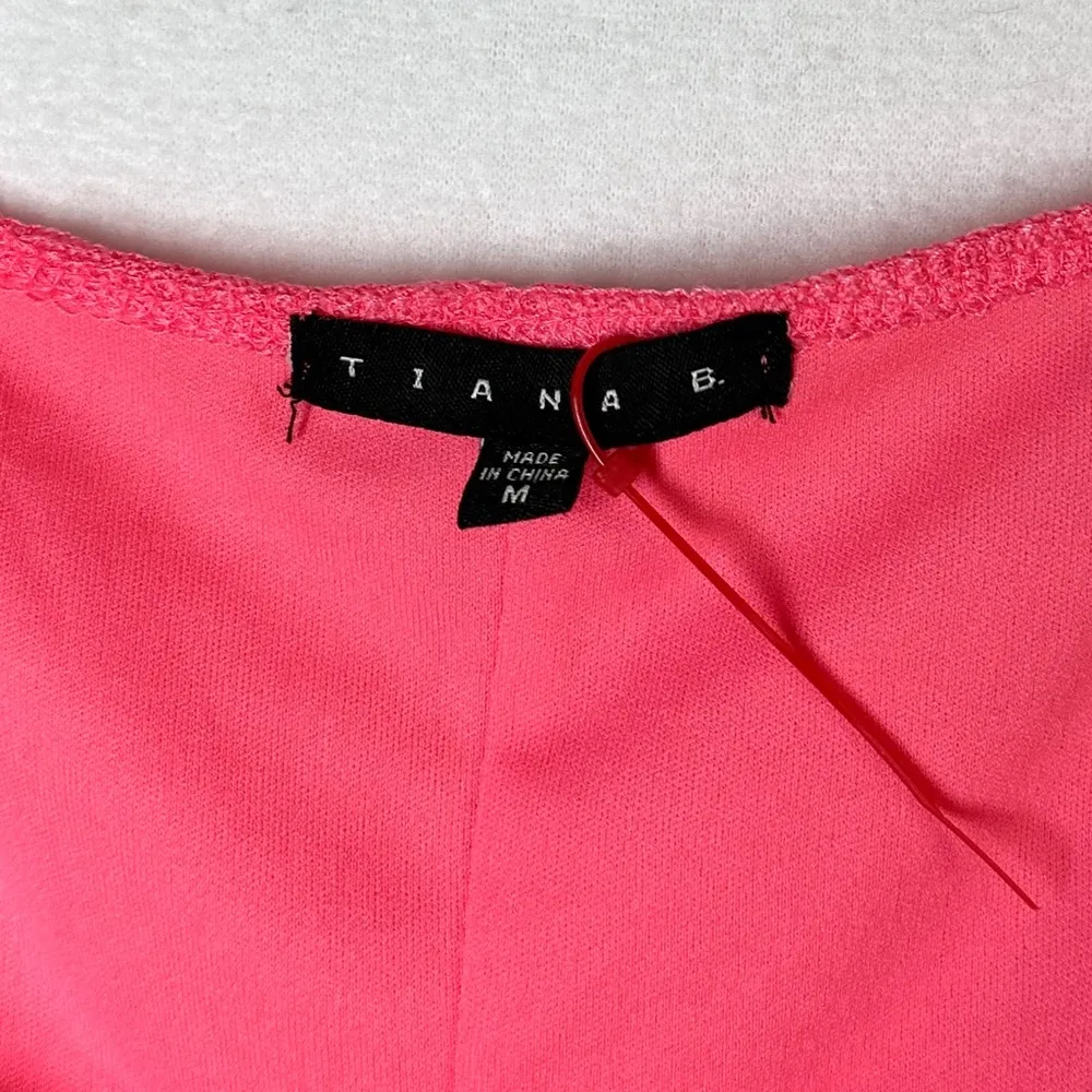 Tiana B Dress M Pink Coral Lined Short Sleeve Lacy Overlay Chevron - Image 4