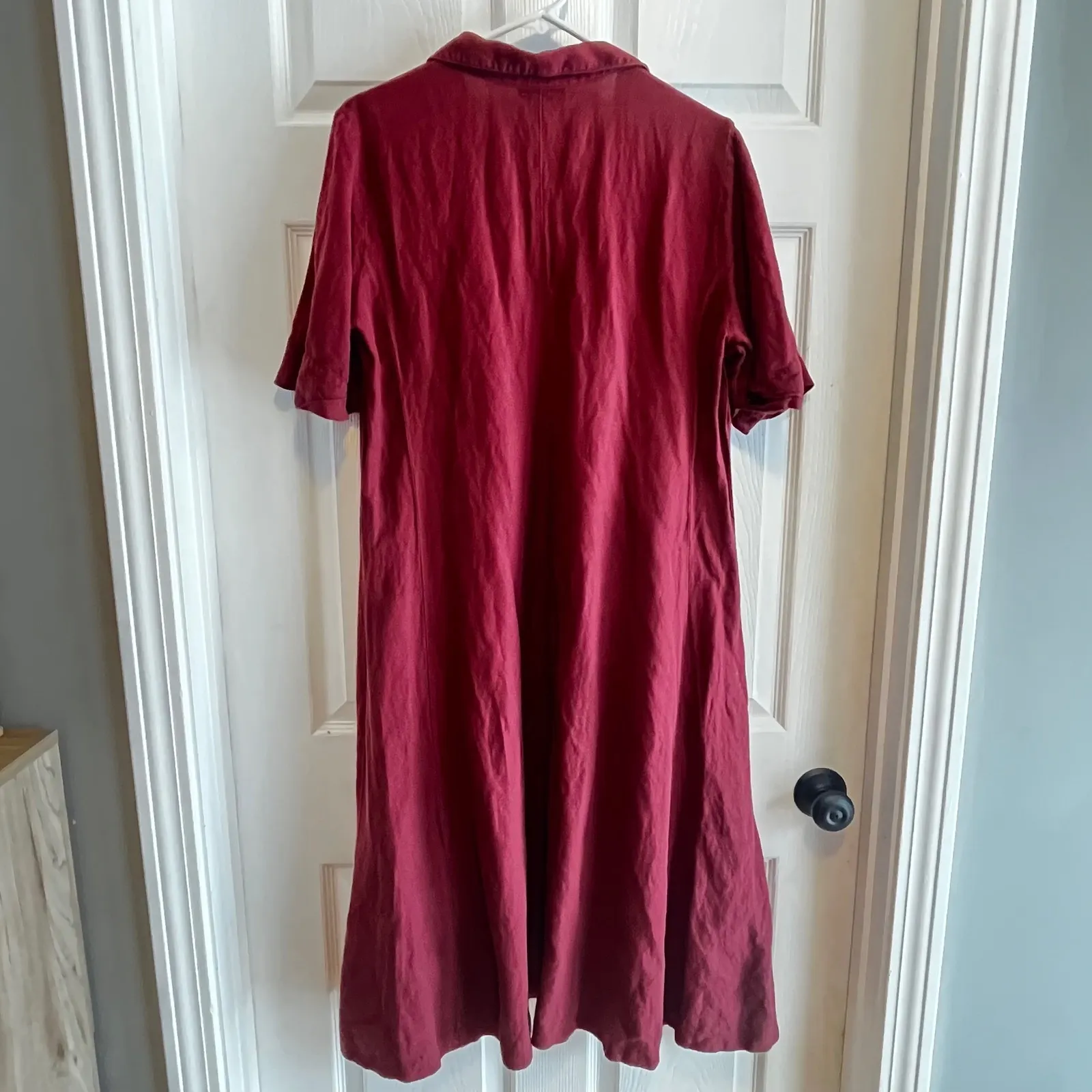 Alfani Burgundy V-Neck Short Sleeve Midi Linen Blend Dress with Pockets Size L - Image 2