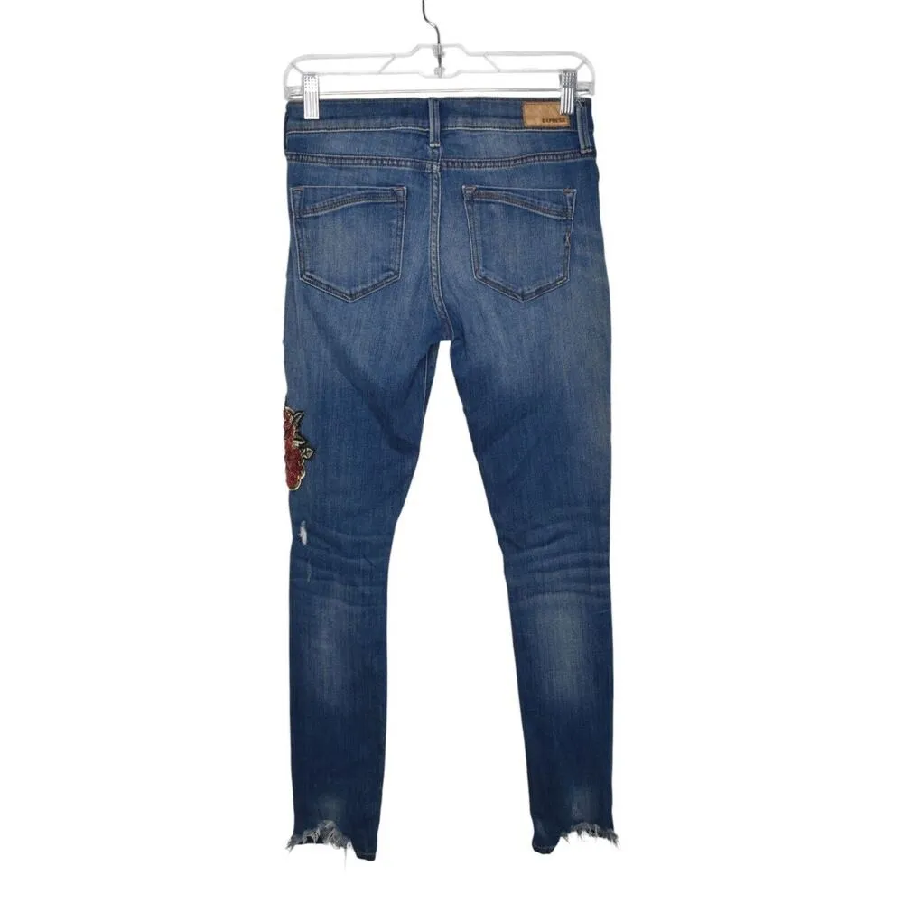 Express Mid Rise Denim Legging Jeans Floral Sequin Embellishments Distressed Hem - Image 4