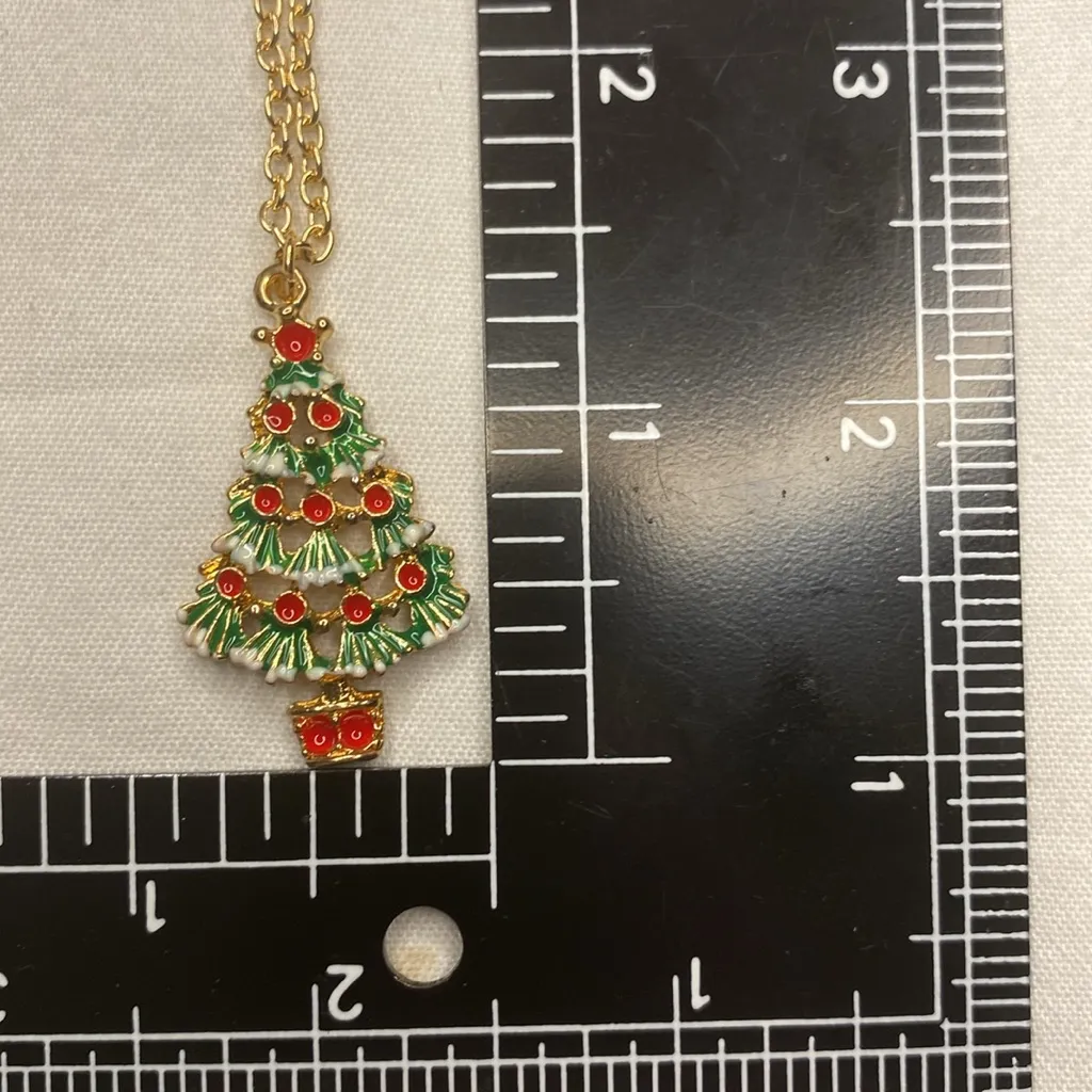 Frosted Decorated Christmas Tree Necklace Festive Holiday Merry Goldtone‎ 1.5in Red - Image 4
