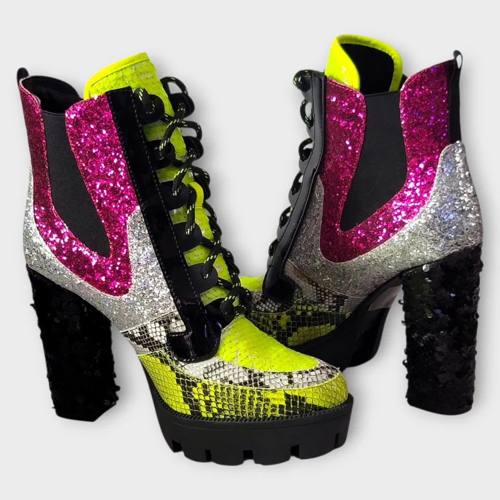 Cape Robbin Nell Glitter Chunky Block High Heel Platform Ankle Lace Up Boots 9M - Image 11
