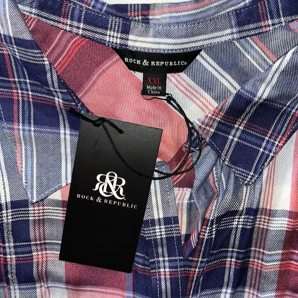 Rock & Republic NWT Size XXL Blue & Red Plaid Button Down Tank Top - Image 5