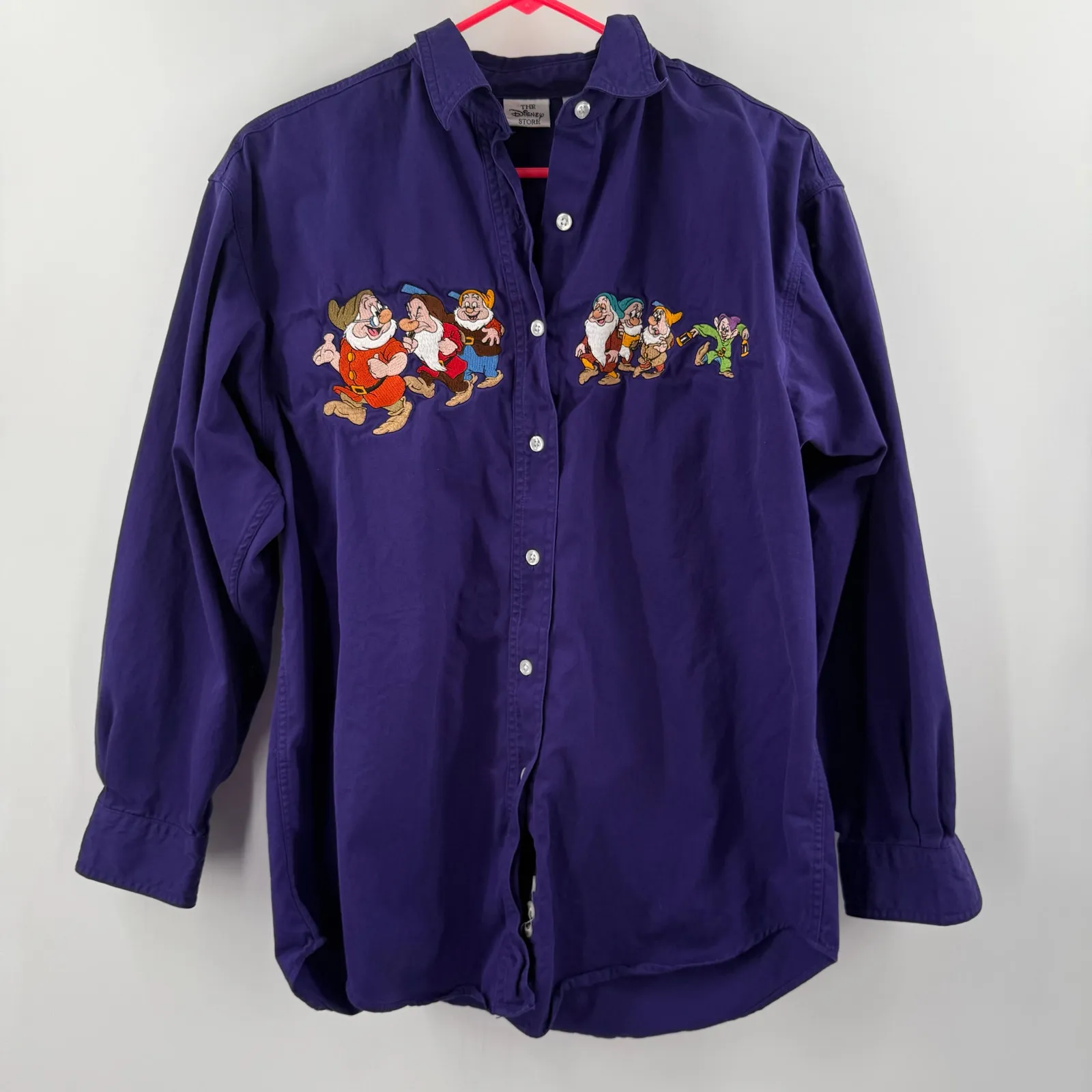 Vintage 90s Disney Store Shirt Medium Button Embroidered Seven Dwarfs Snow White Purple - Image 14