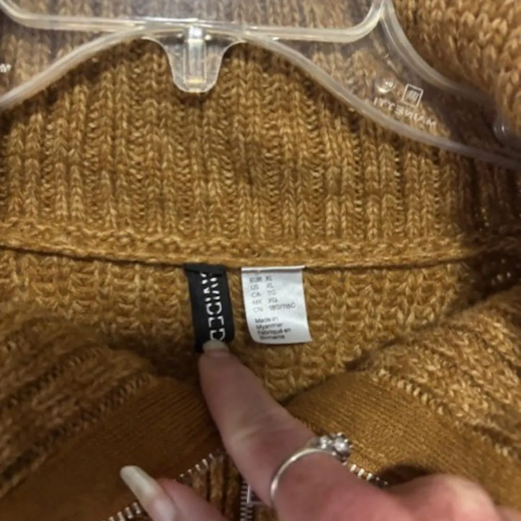 H&M Divided XL Pullover Cowl Neck Zip Long Sleeve Crop Chunky Knit Brown Neutral Tan - Image 5