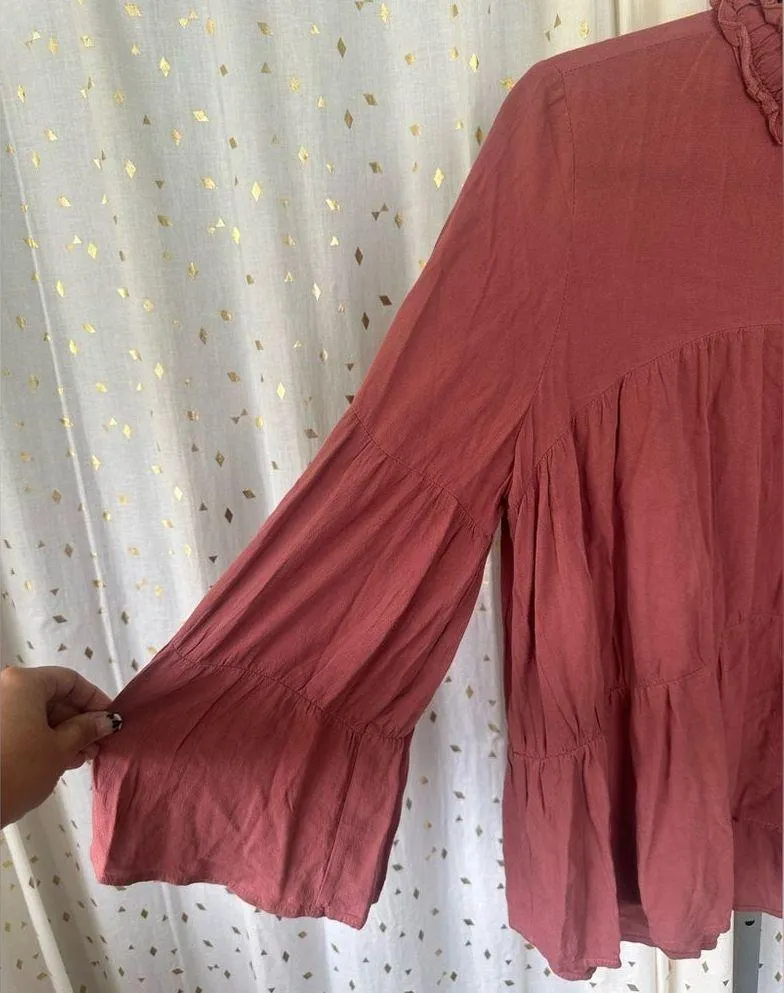 Zara Ruffle Mocked Neck Bell Sleeve Oversized Flowy Tiered Trapeze Blouse M - Image 4