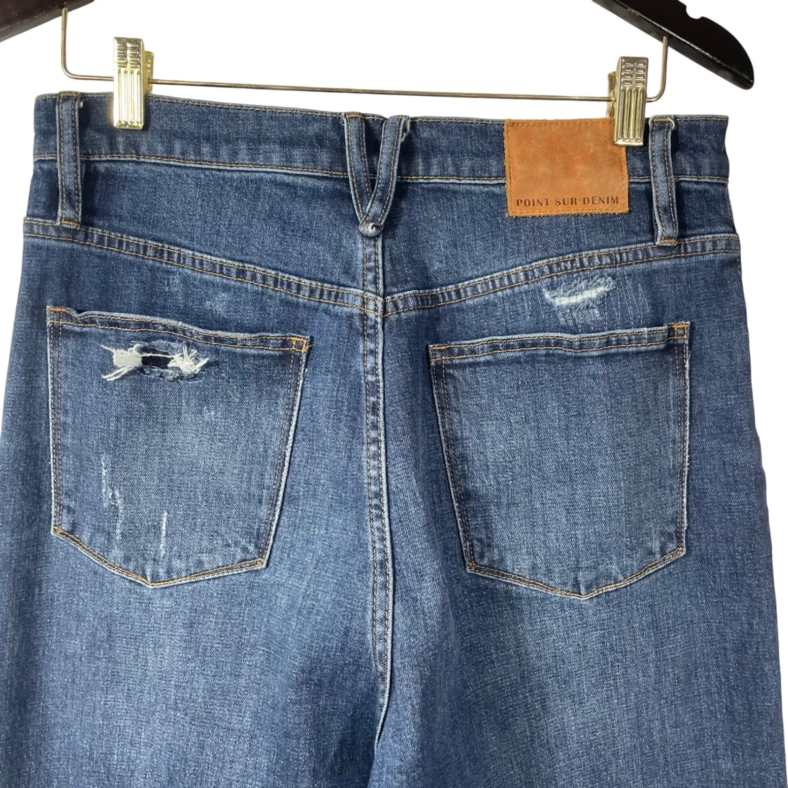 Point Sur Denim Distressed Straight Leg Jeans Medium Wash Raw Hem Women's 29 Blue - Image 10