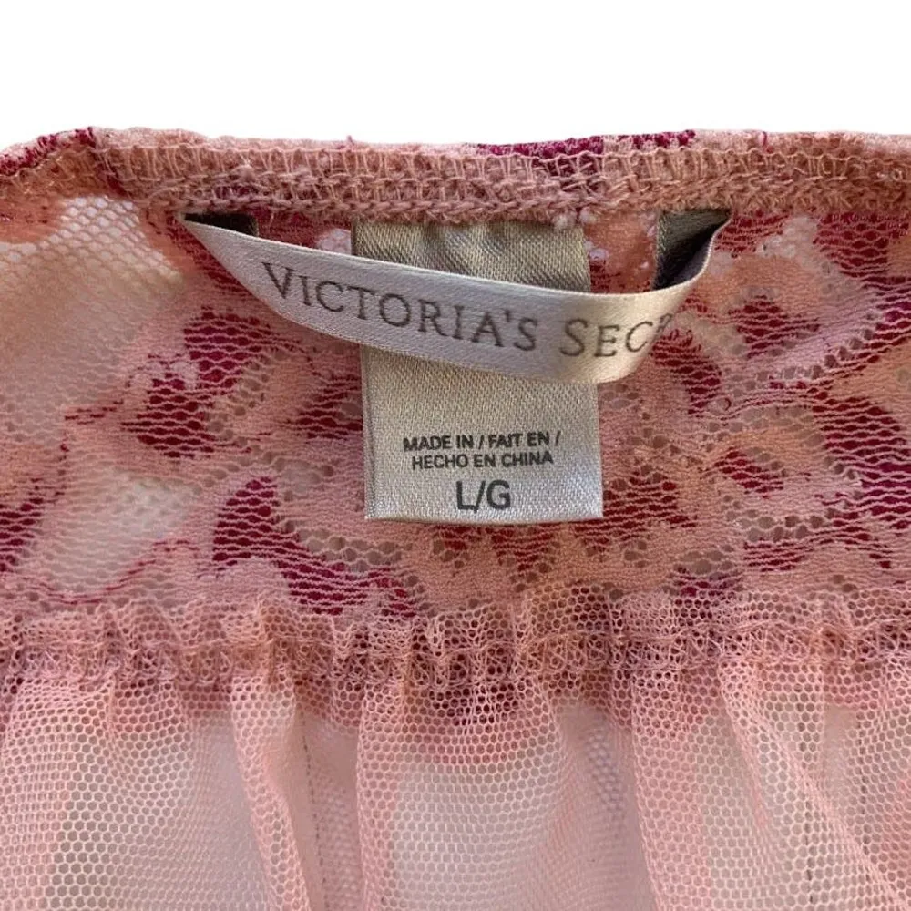 Victoria's Secret Babydoll Night Dress Women's L Pink Deep V Mesh Floral Lace - Image 7