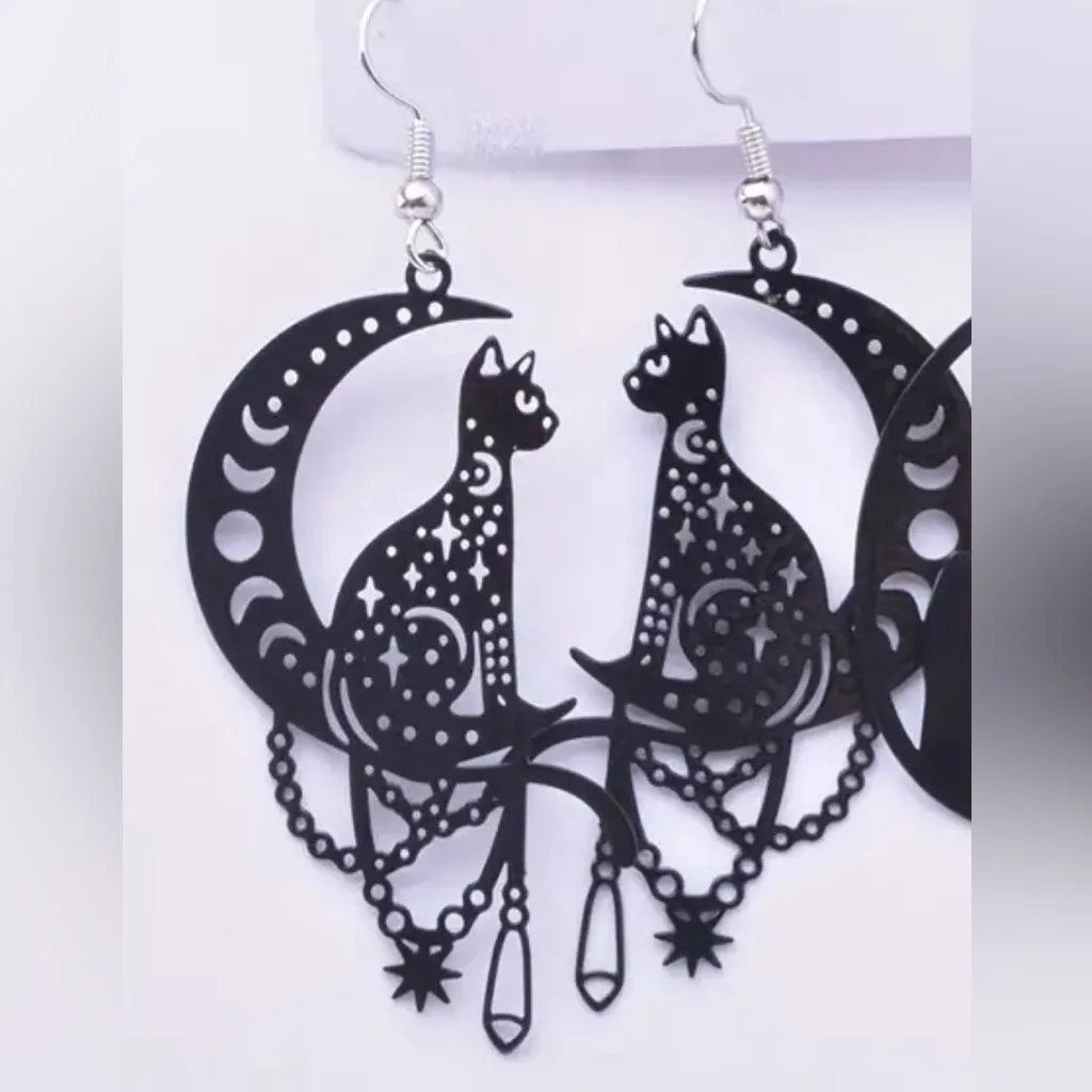2 Pairs/Set Dark Cats Moon Earrings copper material Black - Image 2