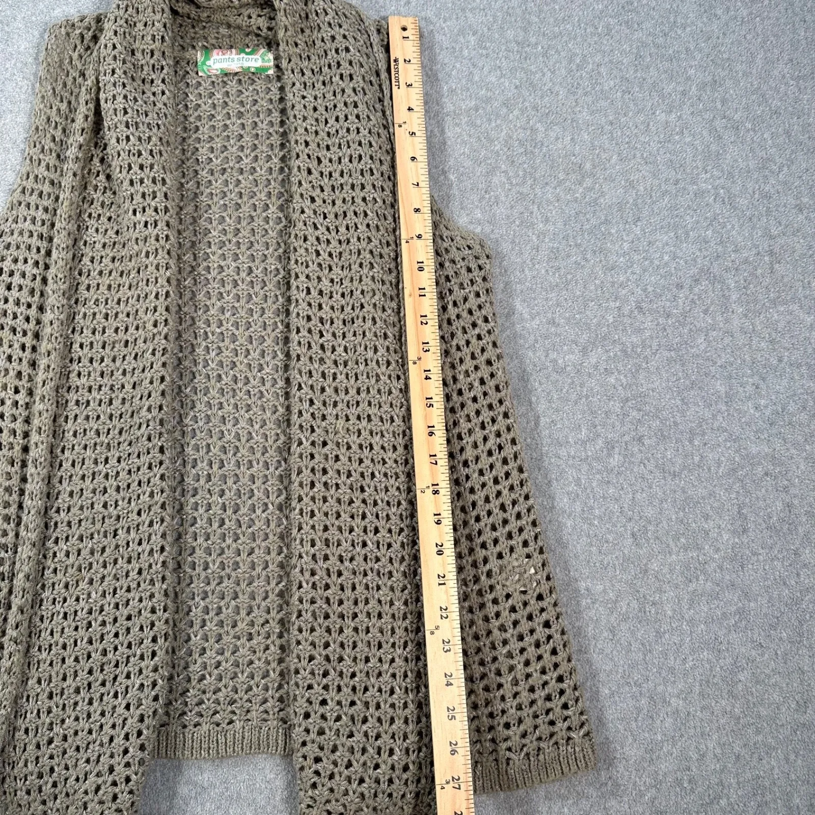 Pants Store Crochet Knit Vest Sweater Women's Medium Open Drape Green Brown - Image 2