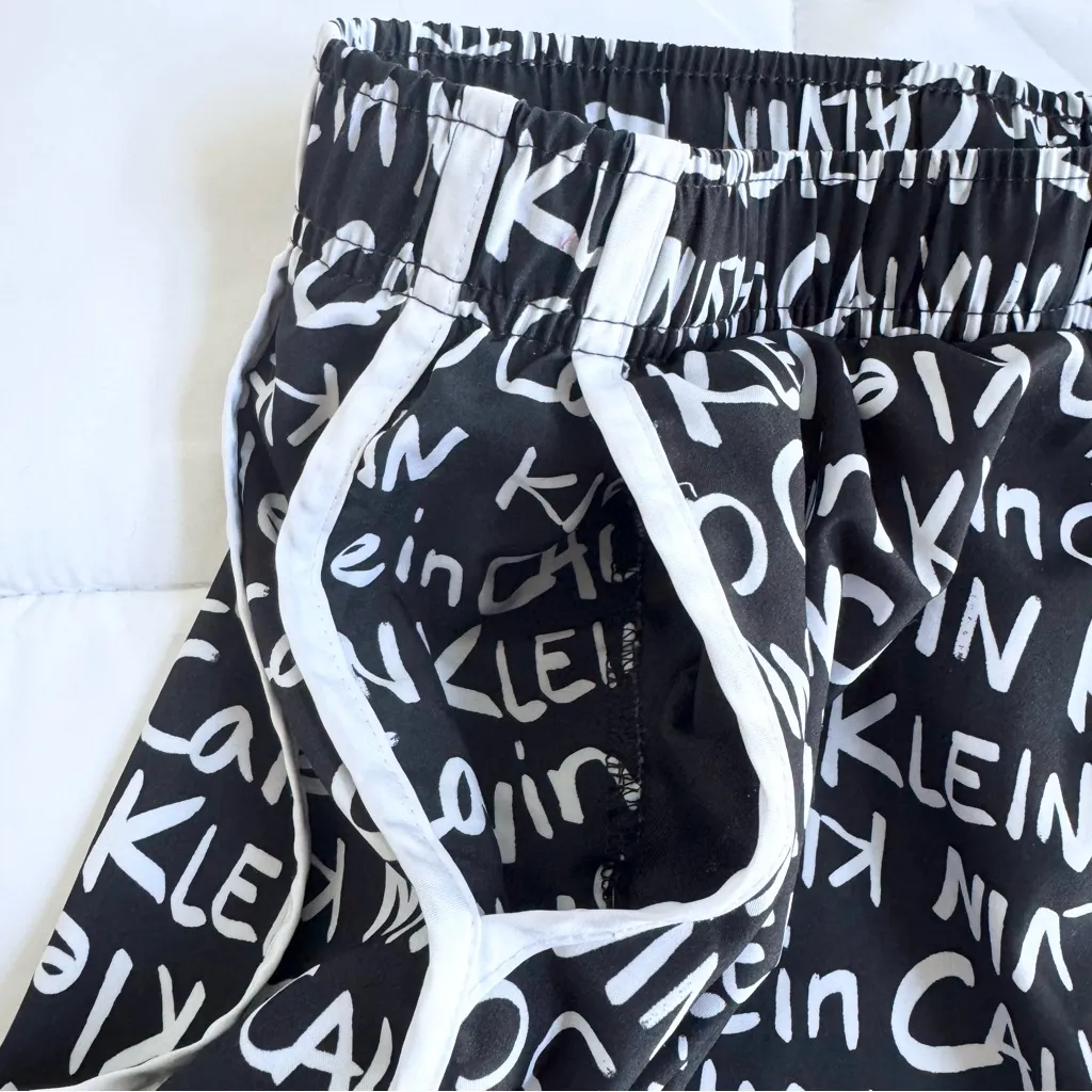CK Calvin Klein Black White Lined Athletic Running Gym Shorts Spell Out Women M - Image 2