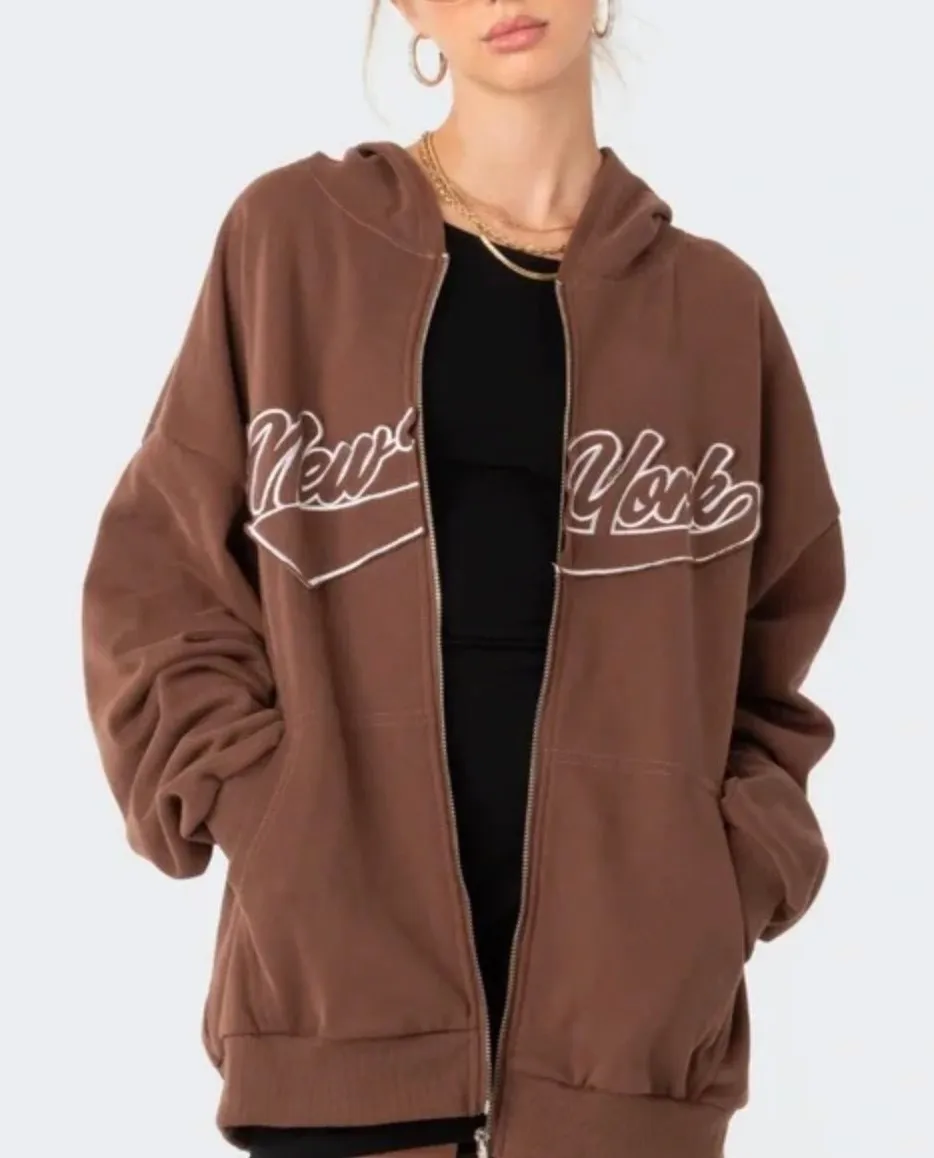 Edikted Oversized Hoodie New York Brown Full Zip Up Sweatshirt Size Medium Large - Image 1