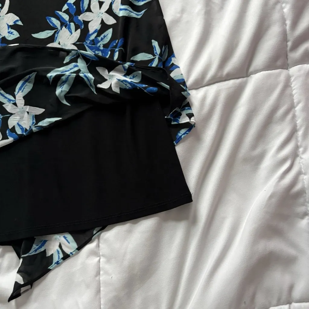 Womens Size PM Blue Black Tank Top Floral Blouse Officechic Corpcore City Lined - Image 6