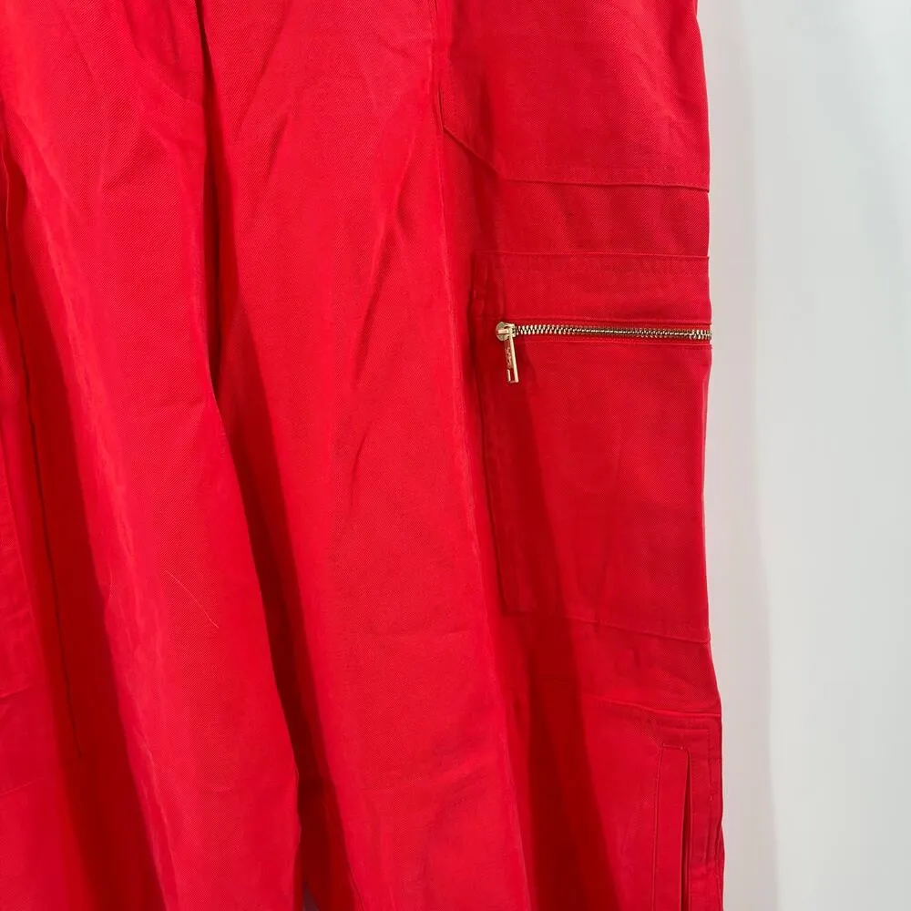 DKNY Pants SZ 16 Flame Red Gold Zippers NWT Cargo Straight Wide Leg Twill Office - Image 12