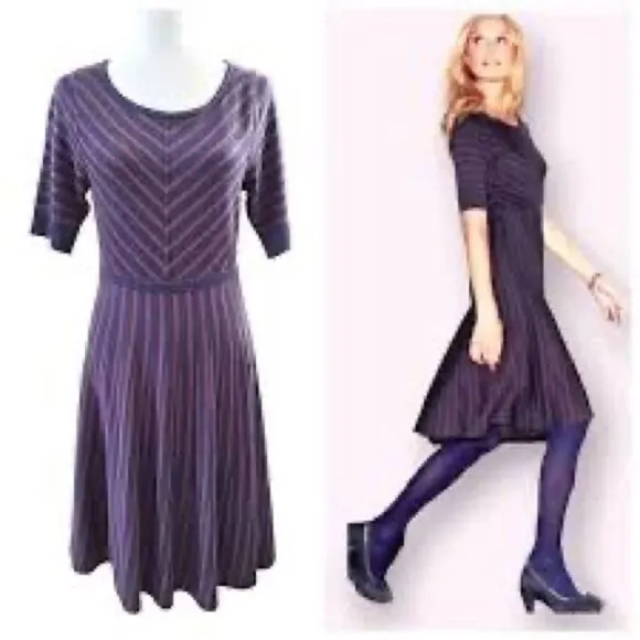 Boden Amelia Striped Fit & Flare Skater Wool Blend Knit Sweater Dress Navy Sz 8P Blue - Image 2