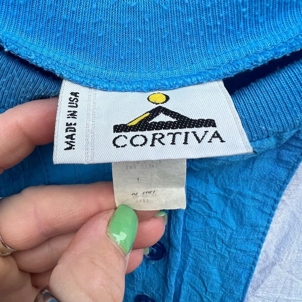 Vint. 80s Cortiva Color Block Blue Yellow Green White Batwing Windbreaker Blouse Size L - Image 4