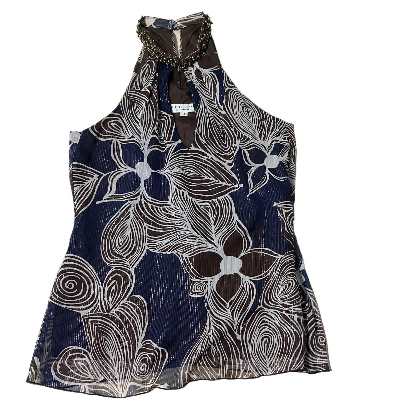 Trina Turk Jeweled Halter Metallic Floral Blue Brown Sleeveless Silk Blouse-0 - Image 16