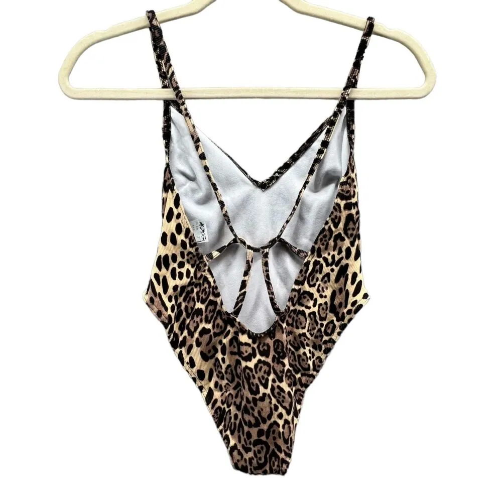 ASOS Swimsuit Womens 00 P Tan Black Leopard One Piece Ribbed Mob Wife Strappy - Image 3