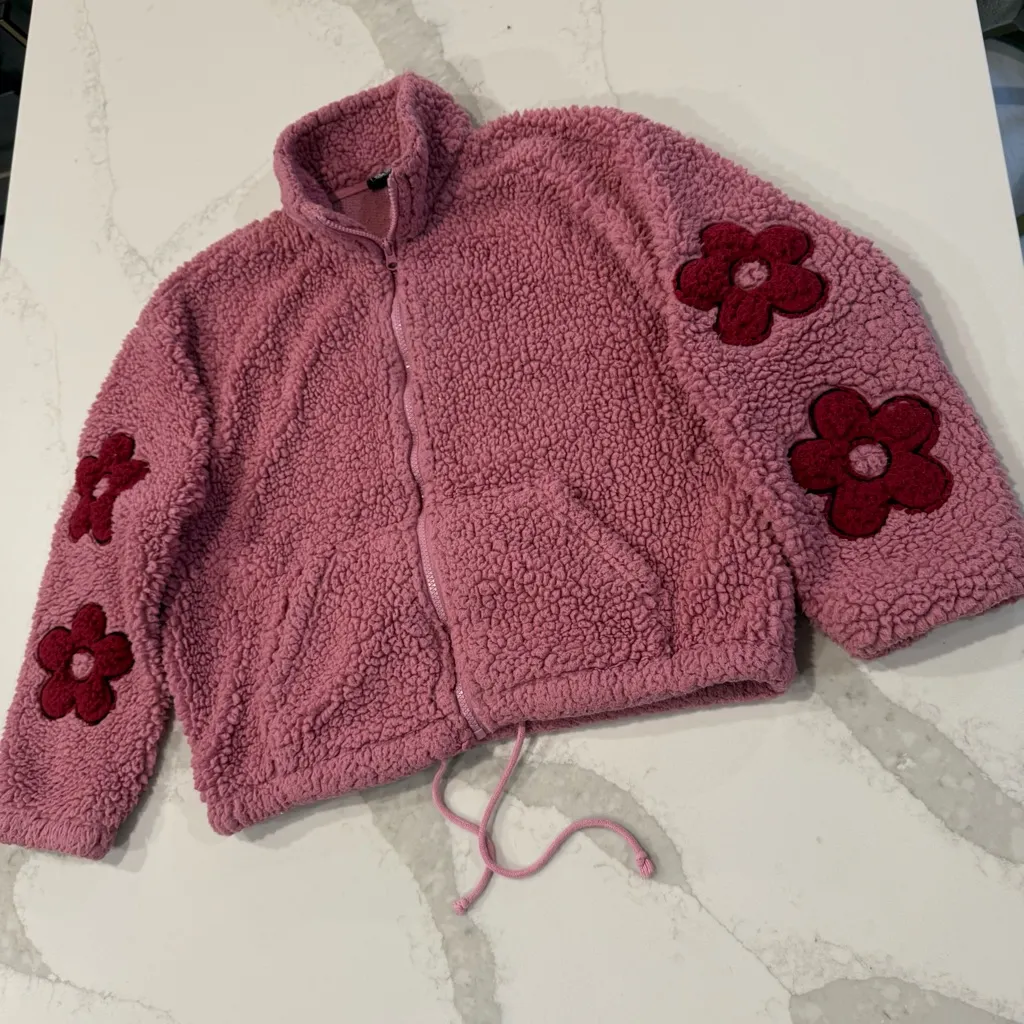PacSun Full Zip Flower Long Sleeve Teddy Sherpa Jacket Women’s XS Pink Cozycore - Image 2