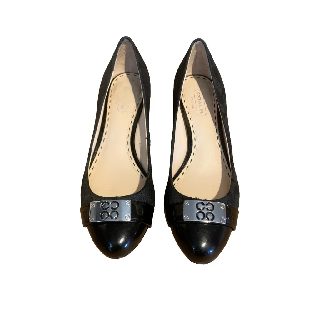 COACH "MERYL" BLACK LEATHER CAP TOE WEDGE HEEL W/SIGNATURE FABRIC PRINT (6.5B) - Image 5